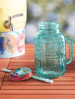 New Pioneer Woman Teal Embossed 32oz Glass Mason Tumbler Mug with Handle